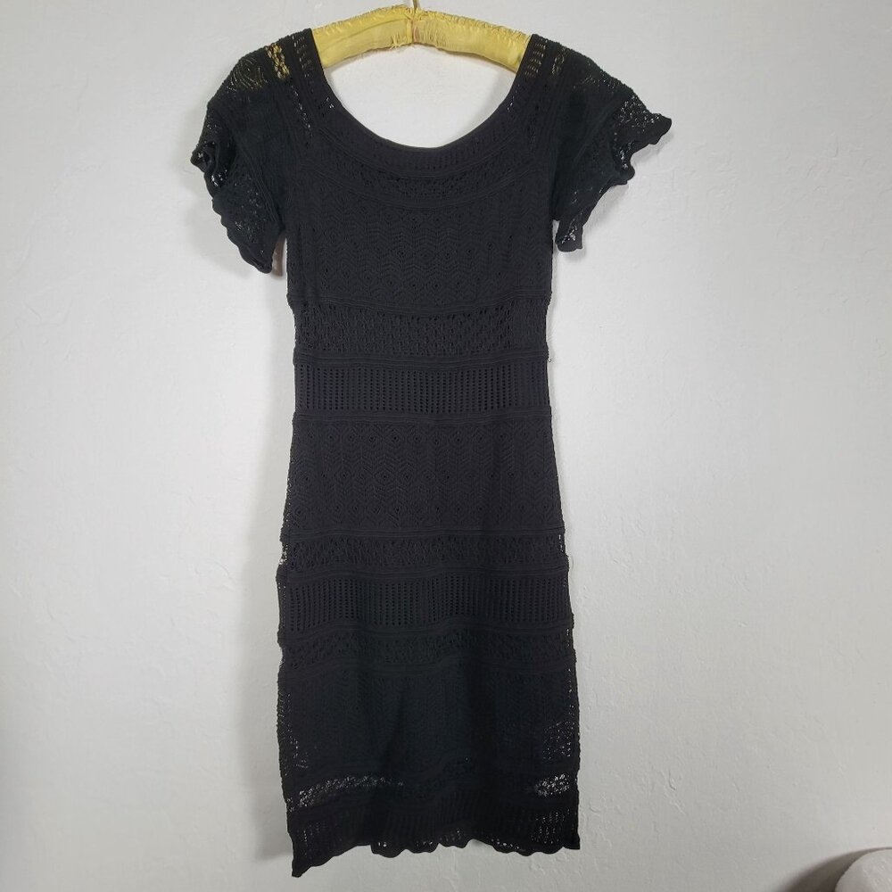 Ronny Kobo Womens Black Lace Knit Short Sleeve Mini Dress Size Medium Scoop Neck - Picture 2 of 9